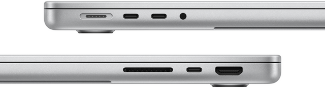  Vedere laterală a MacBook Pro de 14 inchi cu cip M3 Pro care arată porturile: partea stângă, portul MagSafe, două porturi Thunderbolt 4 și mufă pentru căști, partea dreaptă, slot pentru card SDXC, un port Thunderbolt 4 și port HDMI