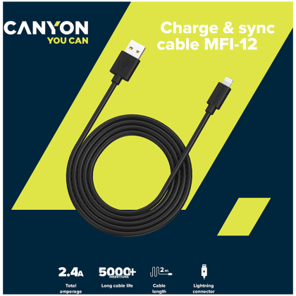 CANYON MFI-12, Lightning USB Cable for Apple , round, PVC, 2M, OD:4.0mm, Power+signal wire: 21AWG*2C+28AWG*2C,  Data transfer speed:26MB/s, White.  With shield , with CANYON logo and CANYON package.  Certification: ROHS, MFI.