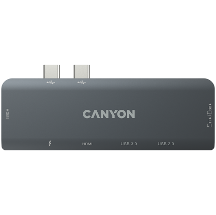 CANYON DS-5, Multiport Docking Station with 7 port, 1*Type C PD100W+2*HDMI+1*USB3.0+1*USB2.0+1*SD+1*TF. Input 100-240V, Output USB-C PD100W&USB-A 5V/1A, Aluminum alloy, Space gray, 104*42*11mm, 0.046kg(Generation B)