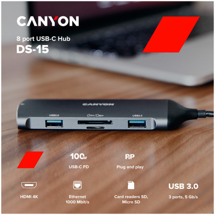 CANYON hub DS-15 8in1 4k USB-C Dark Grey