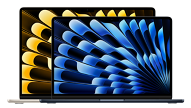 Front view of 13-inch and 15-inch models of MacBook Air demonstrating display sizes (measured diagonally)