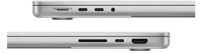  Vedere laterală a MacBook Pro de 14 inch cu cip M3  care arată porturile