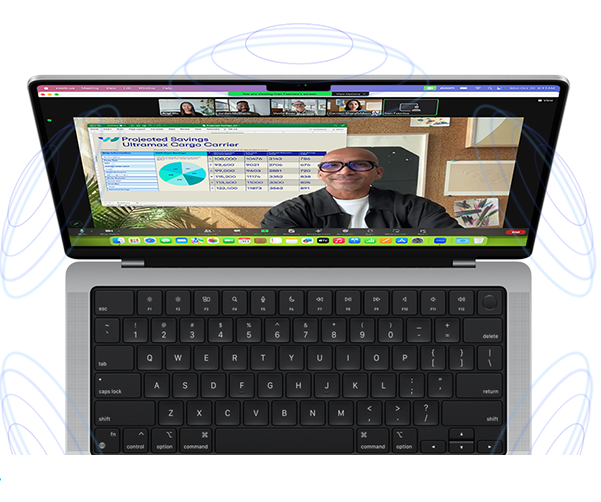  MacBook Pro înconjurat de ilustrații cu cercuri albastre pentru a sugera sentimentul 3D al sunetului spațial