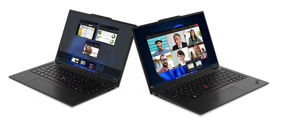 Doua laptopuri Lenovo X1 Carbon Gen 12 deschise la 90 de grade in diverse scenarii de utilizare