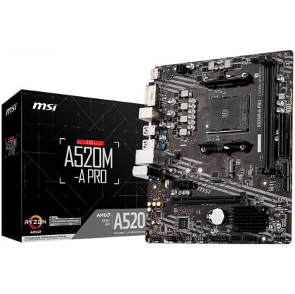 MSI Main Board Desktop A520M (AM4, 2xDDR4, 1xPCI-Ex16, 1xPCI-Ex1, M.2, 4xSATA3, 6xUSB3.2 Gen1, 6xUSB2.0, HD Audio, DVI-D, HDMI, GLAN) mATX Retail