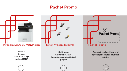 Pachet promo cu imprimanta multifunctionala laser color, A4/A3  Kyocera Ecosys M8124cidn si set de tonere TK 8115 Kyocera Integral pentru 10.000 de pagini.