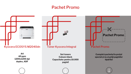 Pachet promo cu imprimanta multifunctionala laser monocrom, A4, 40 ppm, Kyocera Ecosys M2040dn, duplex, ADF, 1200x1200 dpi, USB, LAN, RAM 512 MB, panou tactil si tonere TK 1170 Kyocera Integral pentru 10.000 de pagini.