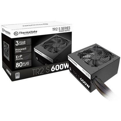 Power Supply Unit Thermaltake TR2 S 600W PSU, 80 PLUS, efficiency 86%, single rail (42A), 120 mm silent fan with automatic thermal control, 2 x 6+2pin PCIE, 5 x SATA, 4 x Molex, 1 x Floppy, 1 x 4+4pin EPS12V, SCP/OVP/OPP, Active PFC, sizes: 86 x 150 x 140