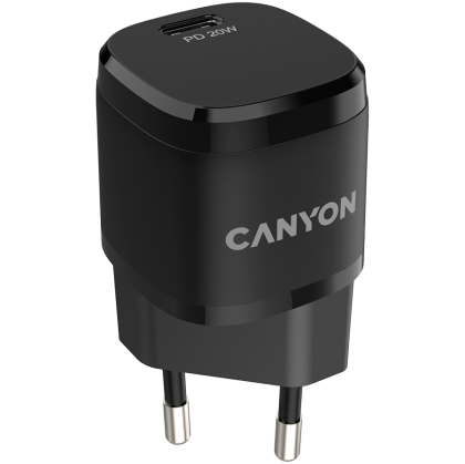 CANYON H-20-05, PD 20W Input: 100V-240V, Output: 1 port charge: USB-C:PD 20W (5V3A/9V2.22A/12V1.66A) , Eu plug, Over- Voltage ,  over-heated, over-current and short circuit protection Compliant with CE RoHs,ERP. Size: 68.5*29.2*29.4mm, 32.5g, Black