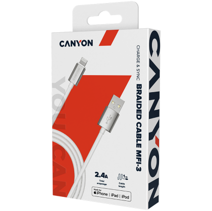 CANYON MFI-3, Charge & Sync MFI braided cable with metalic shell, USB to lightning, certified by Apple, cable length 1m, OD2.8mm, Pearl White