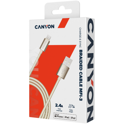 CANYON MFI-3, Charge & Sync MFI braided cable with metalic shell, USB to lightning, certified by Apple, 1m, 0.28mm, Golden