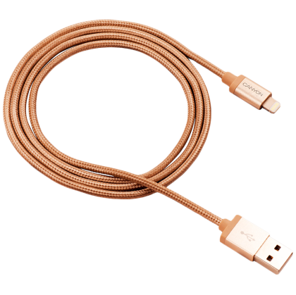 CANYON MFI-3, Charge & Sync MFI braided cable with metalic shell, USB to lightning, certified by Apple, 1m, 0.28mm, Golden