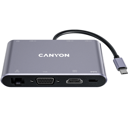 CANYON  8 in 1 USB C hub, with 1*HDMI: 4K*30Hz, 1*VGA, 1*Type-C PD charging port, Max 100W PD input. 3*USB3.0,transfer speed up to 5Gbps. 1*Glgabit Ethernet, 1*3.5mm audio jack, cable 15cm, Aluminum alloy housing,95*55*17.6 mm, 107g, Dark grey