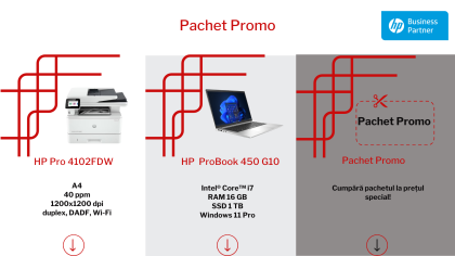 Pachet promo cu imprimanta multifunctionala laser monocrom A4, HP Pro 4102FDW si laptop HP ProBook 450 G10