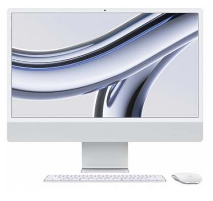 PC all in one Apple iMac 24 inch, Procesor Apple M3 CPU cu 8 nuclee, GPU cu 8 nuclee, Neural Engine 16 nuclee, 24" 4.5K (4480x2520) Retina 500niti, ram 8GB, 256GB SSD, tastatura INT, culoare silver, macOS Sonoma