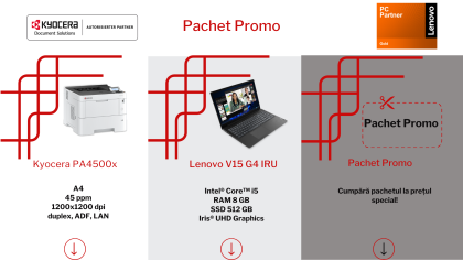 Pachet promo cu laptop Lenovo V15 G4 IRU si imprimanta laser monocrom A4, Kyocera Ecosys PA4500x