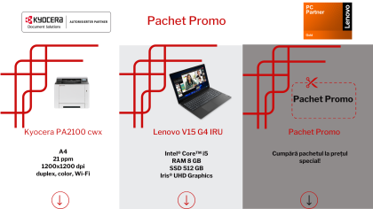 Pachet promo cu laptop Lenovo V15 G4 IRU si imprimanta laser color A4 Kyocera Ecosys PA2100cwx