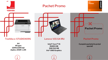Pachet promo cu laptop Lenovo V15 G4 IRU si imprimanta multifunctionala laser monocrom A4,  Toshiba e-STUDIO409S  