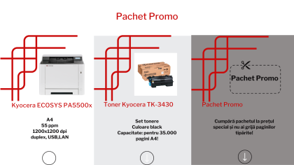 Pachet promo cu imprimanta laser monocrom A4  Kyocera ECOSYS PA5500x si tonere Kyocera TK  3430 pentru 35.000 de pagini 