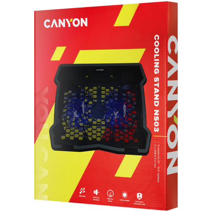 CANYON NS03, Cooling stand dual-fan with 2x2.0 USB hub, support up to 10”-15.6” laptop, ABS plastic and iron, Fans dimension:125*125*15mm(2pcs), DC 5V, fan speed: 800-1000RPM, size:340*265*30mm, 435g