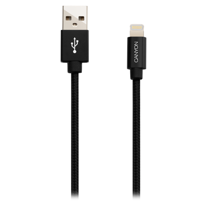 CANYON MFI-3, Charge & Sync MFI braided cable with metalic shell, USB to lightning, certified by Apple, cable length 1m, OD2.8mm, Black