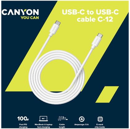 CANYON cable C-12 USB-C to USB-C 100W 2m White
