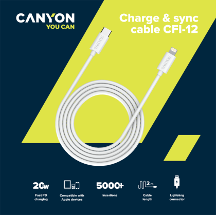 CANYON СFI-12, cable Type C to lightning ,5V3A, 9V2.22A ,PD20W, power cord:18AWG*4C, Signal cord:28AWG*4C, data transfer speed:30M/s, OD4.5MM,2M, PVC, white, Rohs