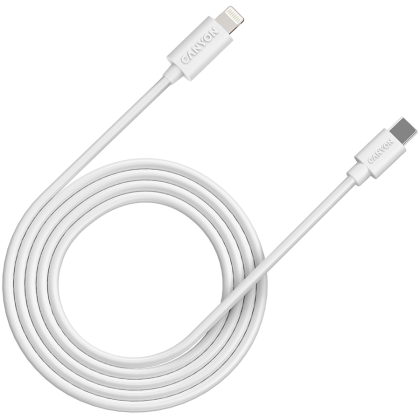 CANYON СFI-12, cable Type C to lightning ,5V3A, 9V2.22A ,PD20W, power cord:18AWG*4C, Signal cord:28AWG*4C, data transfer speed:30M/s, OD4.5MM,2M, PVC, white, Rohs