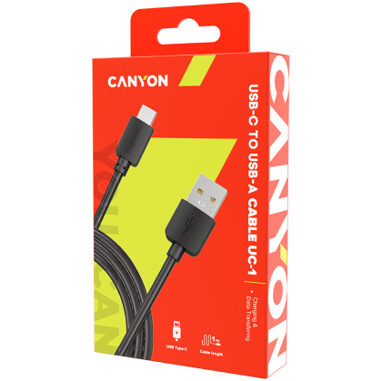 CANYON UC-1 Type C USB Standard cable, cable length 1m, Black, 15*8.2*1000mm, 0.018kg