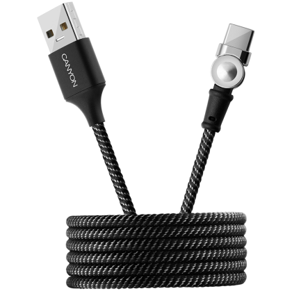 CANYON UC-8 Rotating magnetic Type C charging cable (no data transfer), USB2.0, Power output 5V/2A, OD 3.2mm, with Short-circuit protection, cable length 1m, Black, 16*6*1000mm, 0.024kg