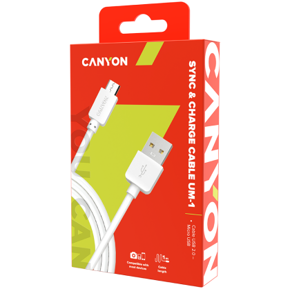 CANYON UM-1 Micro USB cable, 1M, White, 15*8.2*1000mm, 0.018kg