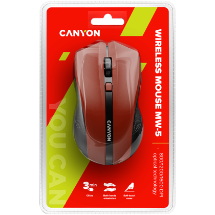 CANYON MW-5 2.4GHz wireless Optical Mouse with 4 buttons, DPI 800/1200/1600, Red, 122*69*40mm, 0.067kg