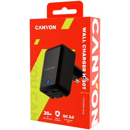 CANYON H-20Т, PD 20W/QC3.0 18W WALL Charger with 1-USB A+ 1-USB-C Input: 100V-240V, Output: 1 port charge: USB-C:PD 20W (5V3A/9V2.22A/12V1.67A) , USB-A:QC3.0 18W (5V3A/9V2.0A/12V1.5A), 2 port charge: common charge, total 5V, 3.4A
