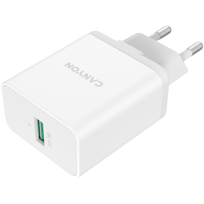 CANYON H-36-01, QC3.0 36W WALL Charger with 1-USB A   Input: 100V-240V, Output:  USB-A:QC3.0 36W (5V3A/9V3.0A/12V3.0A),  Eu plug  , Over- Voltage ,  over-heated, over-current and short circuit protection Compliant with CE RoHs,ERP.Size:90*46*27.5mm, 71g, 