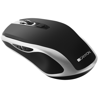 CANYON MW-19, 2.4GHz Wireless Rechargeable Mouse with Pixart sensor, 6keys, Silent switch for right/left keys,Add NTCDPI: 800/1200/1600, Max. usage 50 hours for one time full charged, 300mAh Li-poly battery, Black -Silver, cable length 0.6m, 121*70*39mm, 