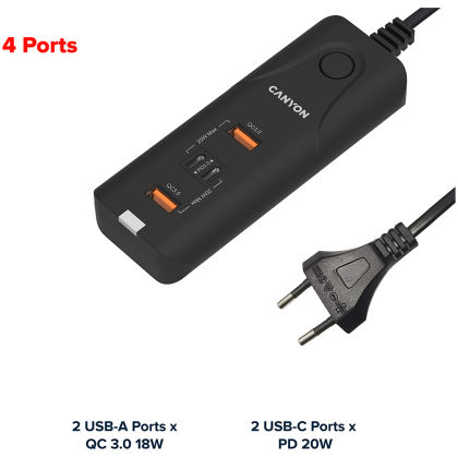 CANYON H-10, Wall charger. CNE-CHA10B Input: 100-240V~50/60Hz 1.0A Max Output1/Output2: DC USB-A QC3.0 5.0V/3.0A,9.0V/2.0A,12.0V/1.5A 18.0W(Max)USB-C PD 5.0V/3.0A,9.0V/2.22A,12.0V/1.67A 20.0W(Max)USB-A+C 5.0V/3.0A 15.0W(Max)Total Power: 40.0W