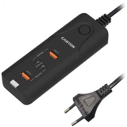 CANYON H-10, Wall charger. CNE-CHA10B Input: 100-240V~50/60Hz 1.0A Max Output1/Output2: DC USB-A QC3.0 5.0V/3.0A,9.0V/2.0A,12.0V/1.5A 18.0W(Max)USB-C PD 5.0V/3.0A,9.0V/2.22A,12.0V/1.67A 20.0W(Max)USB-A+C 5.0V/3.0A 15.0W(Max)Total Power: 40.0W
