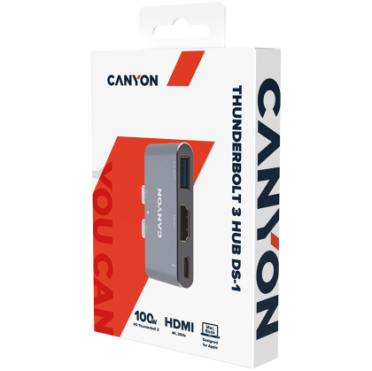 CANYON DS-1 Multiport Docking Station with 3 port, with Thunderbolt 3 Dual type C male port, 1*Thunderbolt 3 female+1*HDMI+1*USB3.0. Input 100-240V, Output USB-C PD100W&USB-A 5V/1A, Aluminium alloy, Space gray, 59*35.5*10mm, 0.028kg
