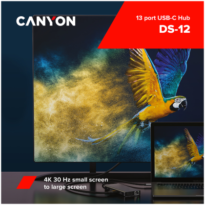 CANYON DS-12, 13 in 1 USB C hub, with 2*HDMI, 3*USB3.0: support max. 5Gbps, 1*USB2.0: support max. 480Mbps, 1*PD: support max 100W PD, 1*VGA,1* Type C data, 1*Glgabit Ethernet, 1*3.5mm audio jack, cable 15cm, Aluminum alloy housing,130*57.5*15 mm,DarK gra