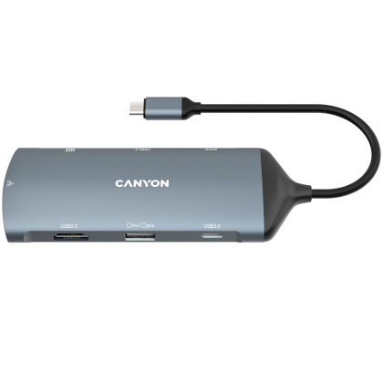 CANYON DS-15 8 in 1 hub, with 1*HDMI,1*Gigabit Ethernet,1*USB C female:PD3.0 support max60W,1*USB C male :PD3.0 support max100W,2*USB3.1:support max 5Gbps,1*USB2.0:support max 480Mbps, 1*SD, cable 15cm, Aluminum alloy housing,133.24*48.7*15.3mm,Dark grey