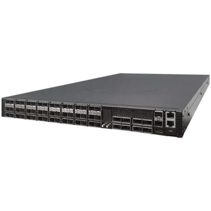 AS7326-56X, 48-Port 25G SFP28 + 8 port 100G QSFP+ uplink switch, ONIE software installer, Broadcom Trident III, Intel Xeon® Processor D-1518, dual AC PSUs and 6 Fan Modules with port-to-power airflow, rack mount kit (front and back) included, 3-year