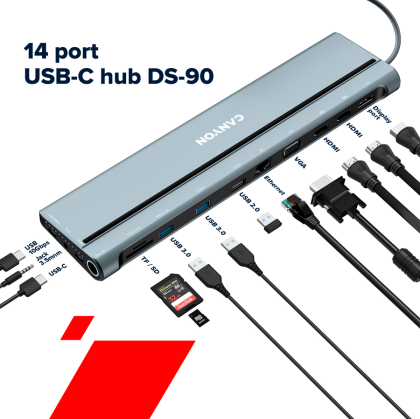 CANYON DS-90, 14 in 1 hub, with Type C female *2,Type C male *1:max 10Gbps,USBA*3:max 10Gbps,DP*1，VGA*1,SD card slot*1,TF card slot*1,Audio 3.5 audio*1,HDMI*2,RJ45*1,cable length 0.20m,Aluminum alloy housing,76*22.5*301mm,Dark grey