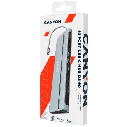 CANYON DS-90, 14 in 1 hub, with Type C female *2,Type C male *1:max 10Gbps,USBA*3:max 10Gbps,DP*1，VGA*1,SD card slot*1,TF card slot*1,Audio 3.5 audio*1,HDMI*2,RJ45*1,cable length 0.20m,Aluminum alloy housing,76*22.5*301mm,Dark grey