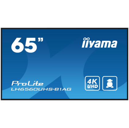 Iiyama PROLITE LH6560UHS-B1AG. This 500cd/m², 24/7 high brightness display is a powerful business tool that takes your marketing and communication efforts to the next level. With its Android 11 OS, iiSignage² cms, Signal FailOver and EShare feature