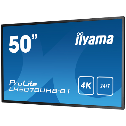 IIYAMA LFD LH5070UHB-B1 PROLITE LH5070UHB-B1 50” VA 3840 x 2160 @60Hz Android OS 9.0, iiWare 24/7, 4K UHD and 700cd/m² 4000:1 8ms HDMI RS-232C, RJ45, IR, USB