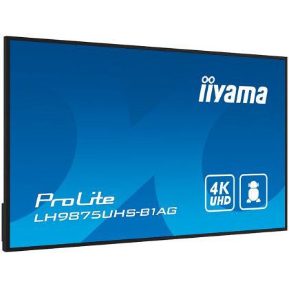 IIYAMA LFD LH9875UHS-B1AG 98" 4K UHD Professional Digital Signage display featuring Android OS, iiSignage² and OPS PC slot 3840 x 2160 @60Hz 500 cd/m² 1200:1 Android 11 OS, iiSignage², FailOver, EShare