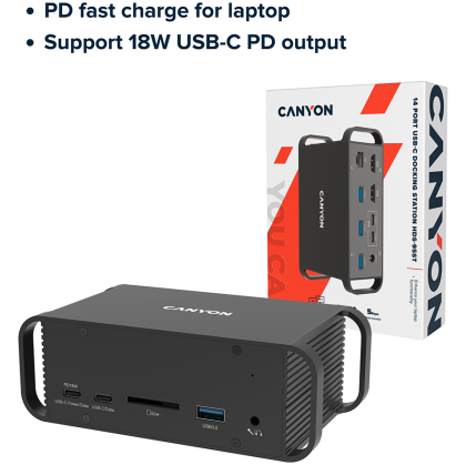 CANYON HDS-95ST, Multiport Docking Station with 14 ports ,with Type C female *4  ,USB3.0*2,USB2.0*2,RJ45*1,HDMI*2,SD card slot,Audio 3.5 audio*1Input 100-240V/100W AC port, Output USB-C PD 60W * 1, Dual USB C cables length 1.0m 20V3A, , 140*75*49mm,