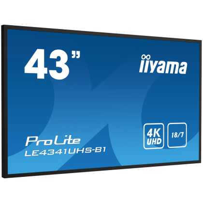 iiyama PROLITE LE4341UHS-B1 43" Set in a slim bezel, the iiyama LE4341UHS is a professional digital signage display offering 18/7 operating time and landscape orientation with 4K UHD resolution.