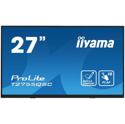 IIYAMA Monitor LED T2755QSC-B1  27” Optical Bonded PCAP 10pt IPS Edge to edge glass 2560 x 1440 @75Hz 400 cd/m² HDMI DP USB Hub Tilt angle	15° up; 70° down