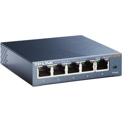 Switch TP-Link TL-SG105, 5-port Metal Gigabit Switch, 5 10/100/1000M RJ45 ports, supports GMP Snooping; IEEE 802.1p QoS; Plug and Play; metal case